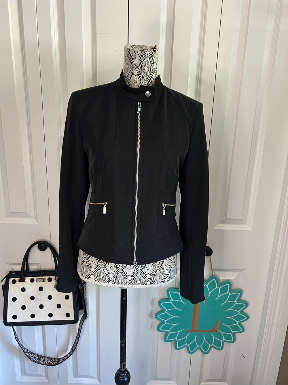 Sandra Angelozzi Black Tailored Zip-Front Moto Blazer Jacket – Size 36 / US 4